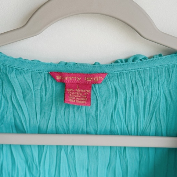 VINTAGE Sunny Leigh Aqua Ruffle Cardigan Blouse Romantic Boho Top Large - Picture 6 of 6